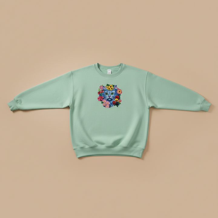 Artistic Botanical Blue Floral Cat — Premium Embroidered Sweatshirt | Original EmbroMania Design