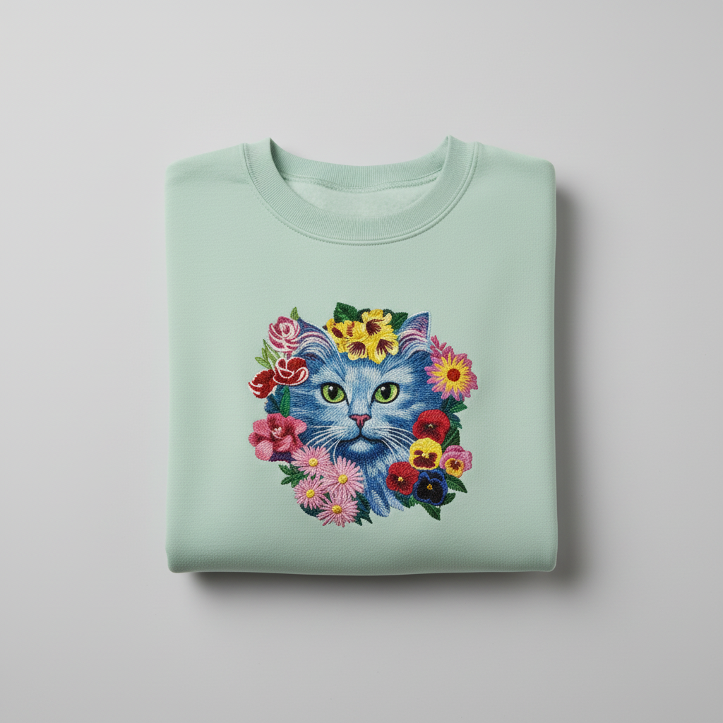 Artistic Botanical Blue Floral Cat — Premium Embroidered Sweatshirt | Original EmbroMania Design