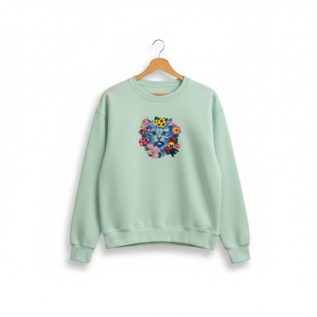 Artistic Botanical Blue Floral Cat — Premium Embroidered Sweatshirt | Original EmbroMania Design