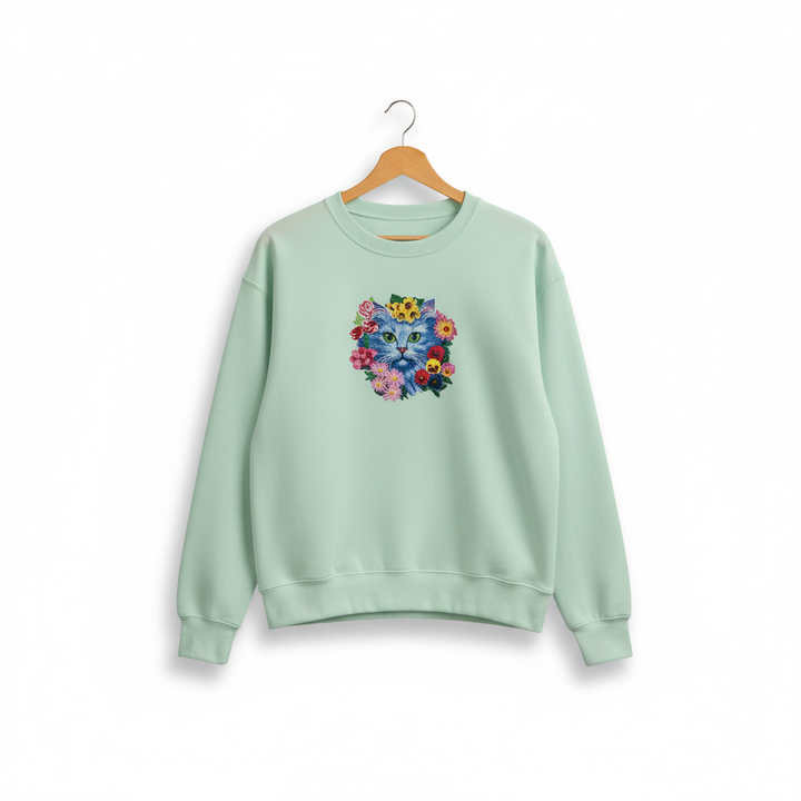 Artistic Botanical Blue Floral Cat — Premium Embroidered Sweatshirt | Original EmbroMania Design