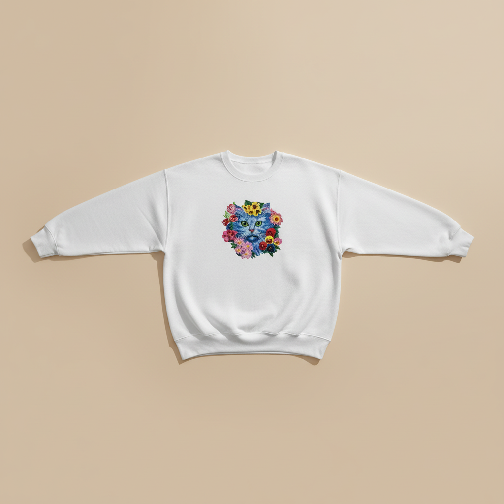 Artistic Botanical Blue Floral Cat — Premium Embroidered Sweatshirt | Original EmbroMania Design