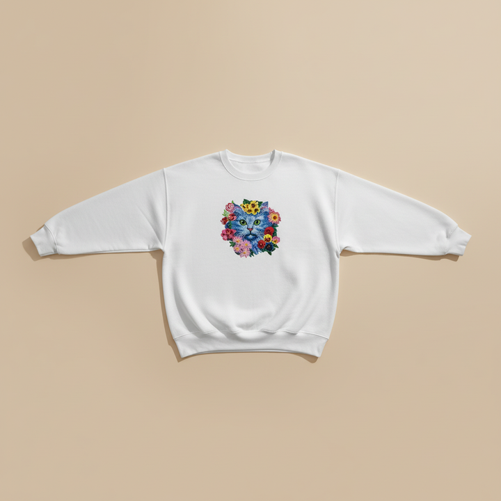 Artistic Botanical Blue Floral Cat — Premium Embroidered Sweatshirt | Original EmbroMania Design