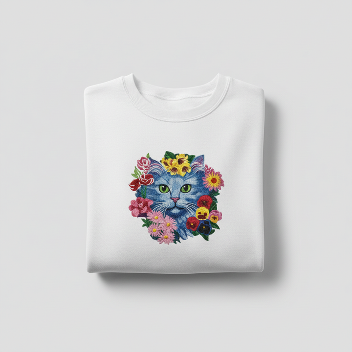 Artistic Botanical Blue Floral Cat — Premium Embroidered Sweatshirt | Original EmbroMania Design