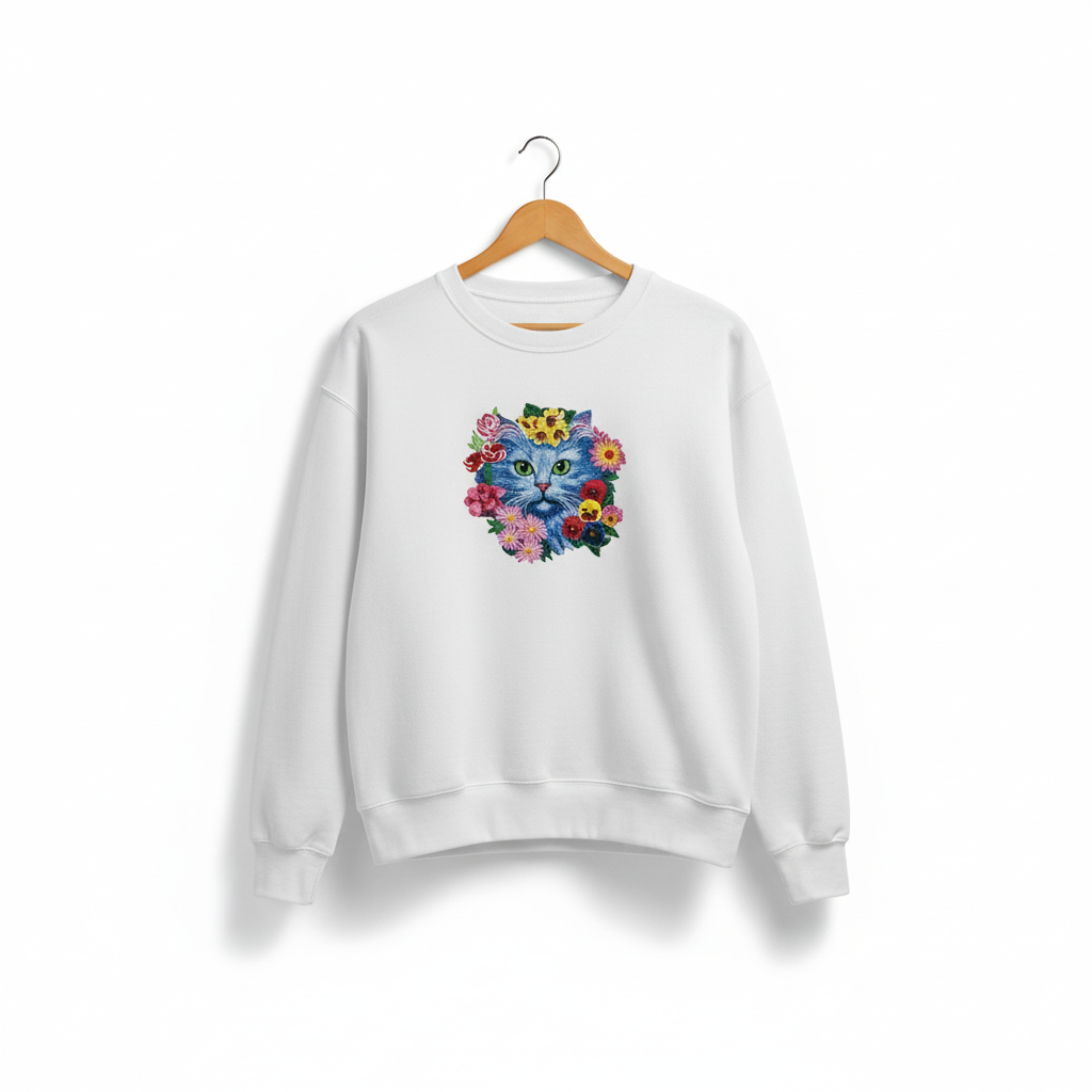Artistic Botanical Blue Floral Cat — Premium Embroidered Sweatshirt | Original EmbroMania Design