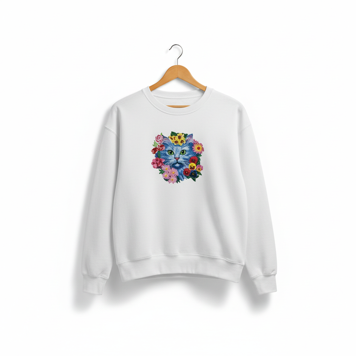Artistic Botanical Blue Floral Cat — Premium Embroidered Sweatshirt | Original EmbroMania Design