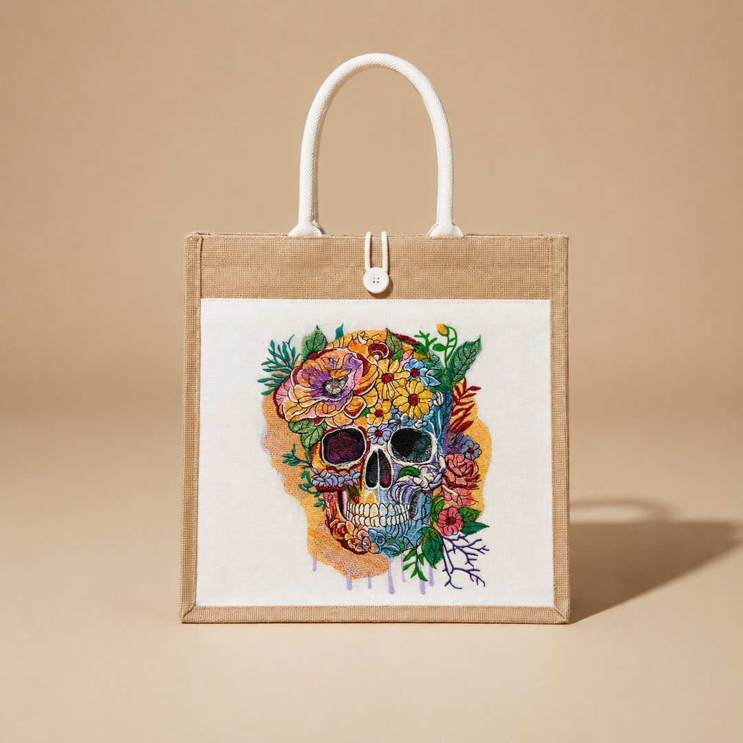 Tote bag with a colorful skull and floral design on a beige background