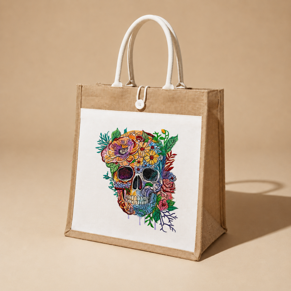 Tote bag with a colorful skull and floral design on a beige background