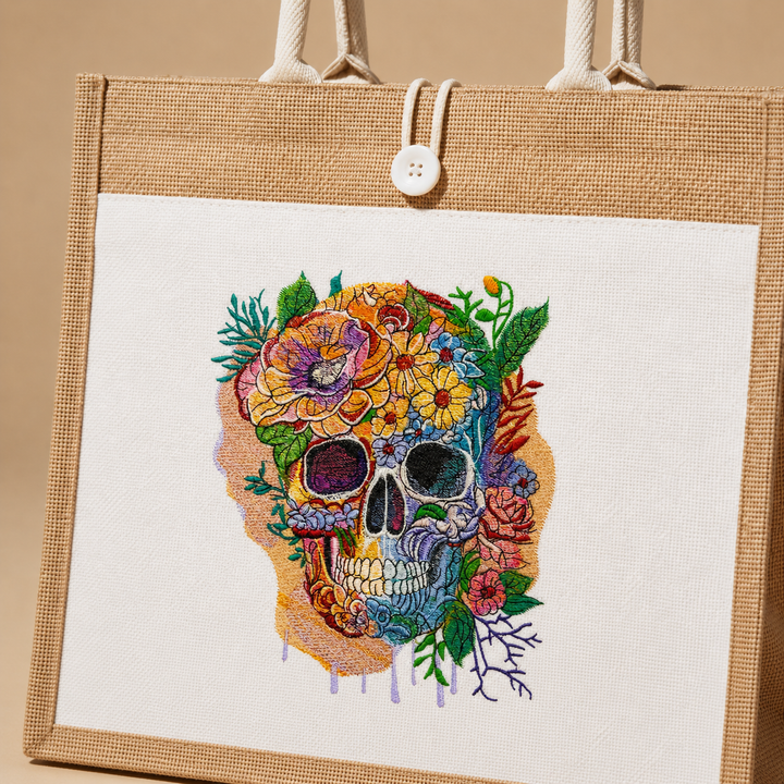 Embroidered skull design with flowers on a beige tote bag.