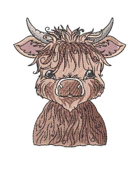 Embroidered design of a highland cow on a white background