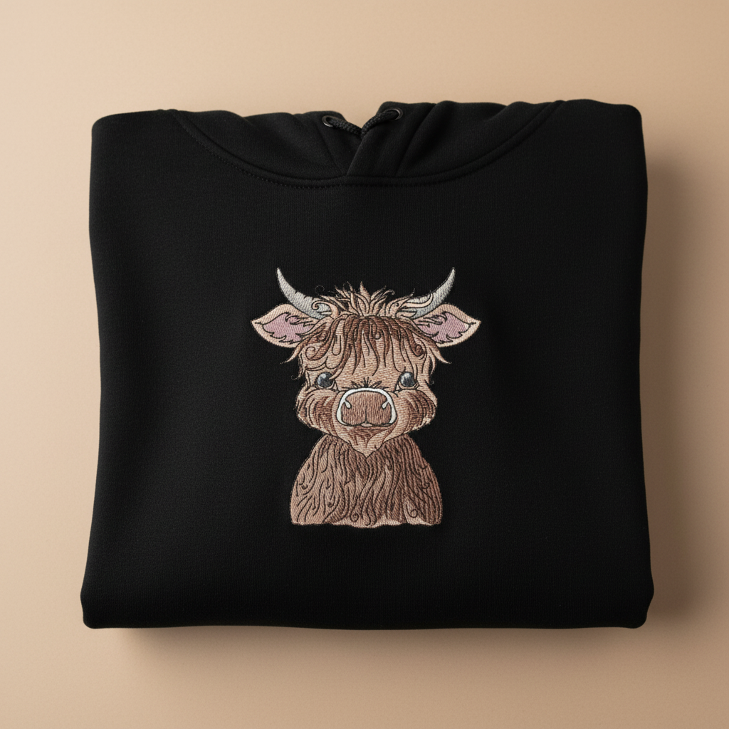 Highland Bull — Premium Embroidered Collection | Hoodie • Sweatshirt • Jute Tote | Original EmbroMania Design