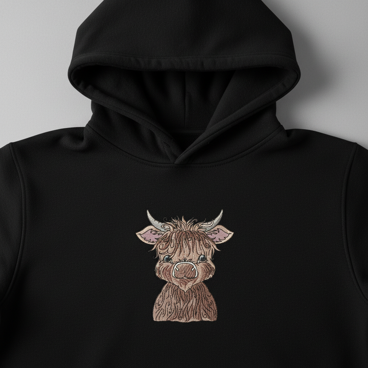 Highland Bull — Premium Embroidered Collection | Hoodie • Sweatshirt • Jute Tote | Original EmbroMania Design