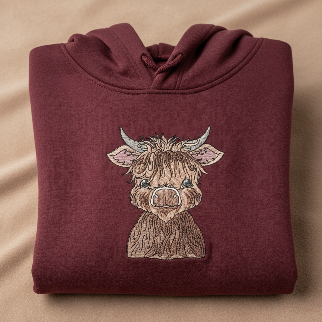 Highland Bull — Premium Embroidered Collection | Hoodie • Sweatshirt • Jute Tote | Original EmbroMania Design