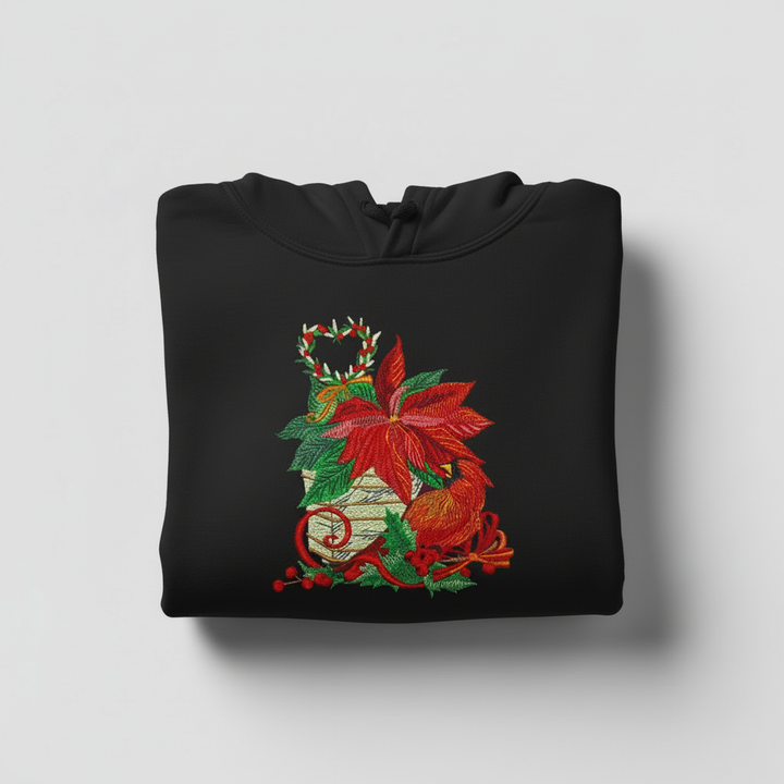 Cardinal &amp; Poinsettia Basket Machine Embroidered Sweatshirt – Hand Finished in Dubai | EmbroMania
