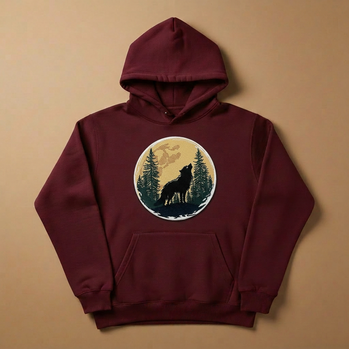 Mystic Forest Wolf Machine Embroidered Hoodie – Hand Finished in Dubai | EmbroMania