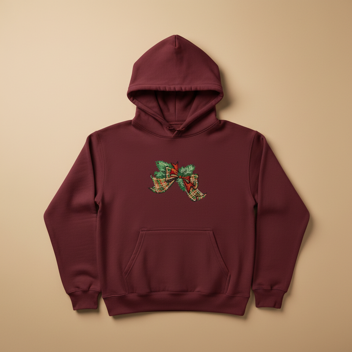 Tartan Ribbon &amp; Evergreen Bow — Premium Embroidered Collection | Hoodie • Sweatshirt • Jute Tote | Original EmbroMania Design