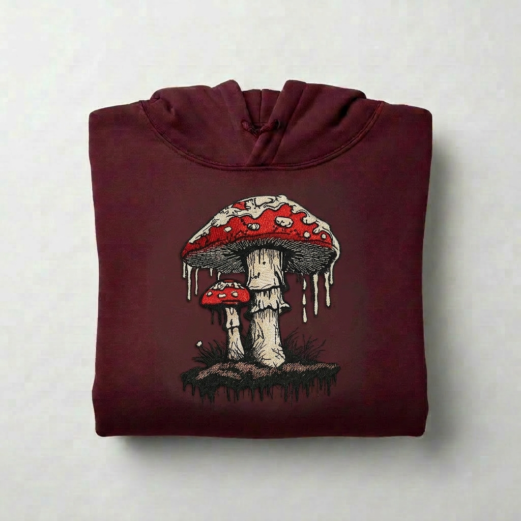 Enchanted Mushroom Machine Embroidered Hoodie – Hand Finished in Dubai | EmbroMania