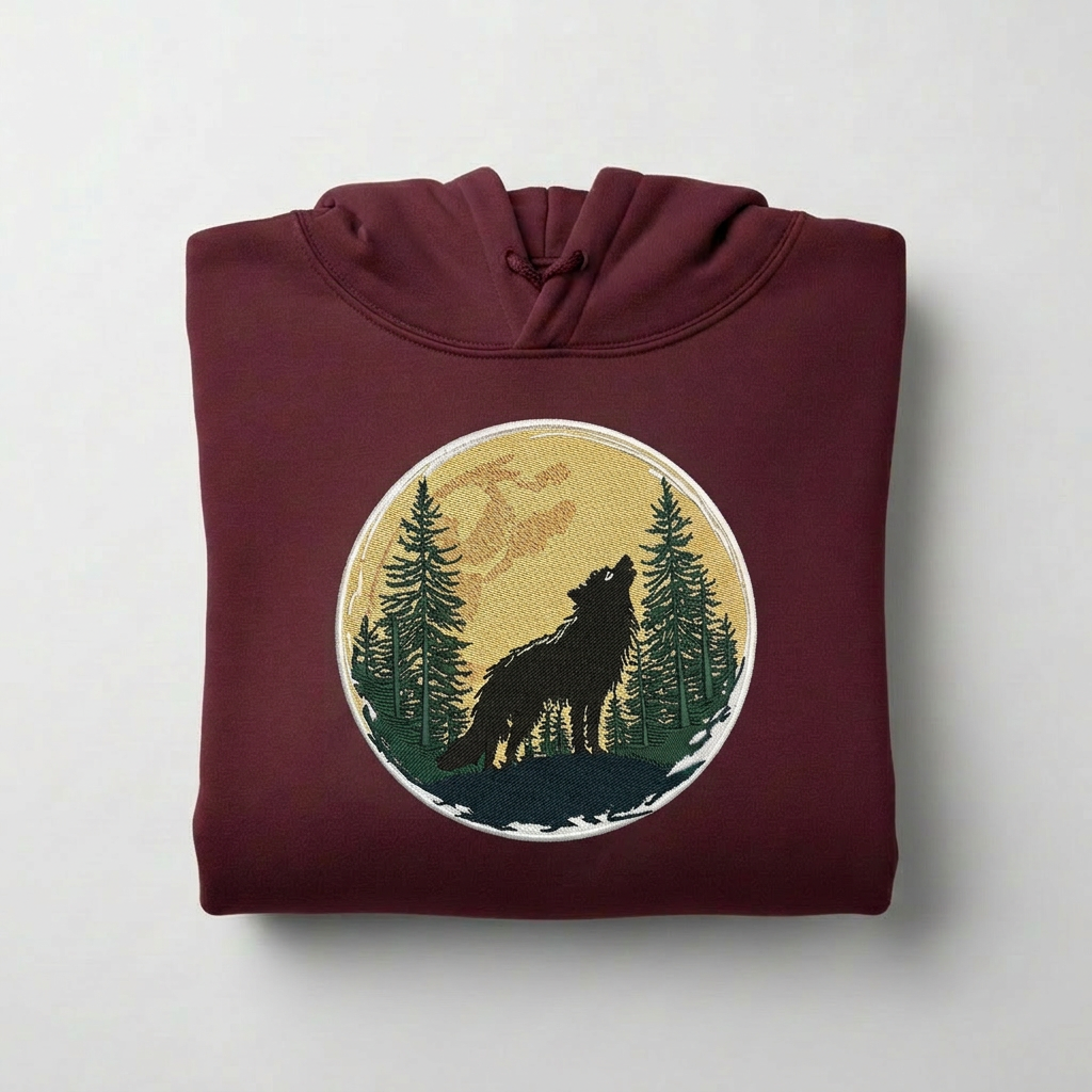 Mystic Forest Wolf Machine Embroidered Hoodie – Hand Finished in Dubai | EmbroMania