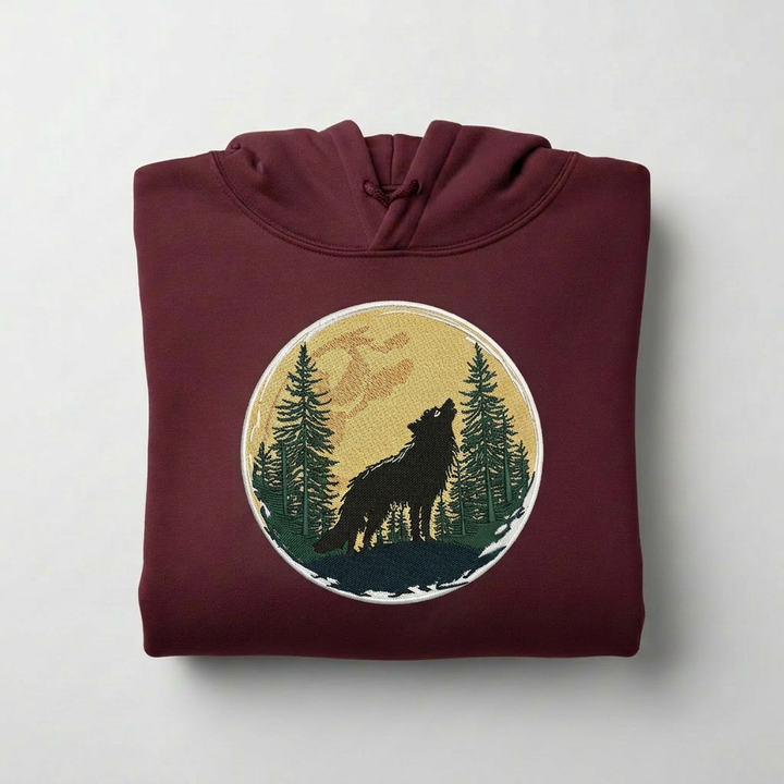 Mystic Forest Wolf Machine Embroidered Hoodie – Hand Finished in Dubai | EmbroMania
