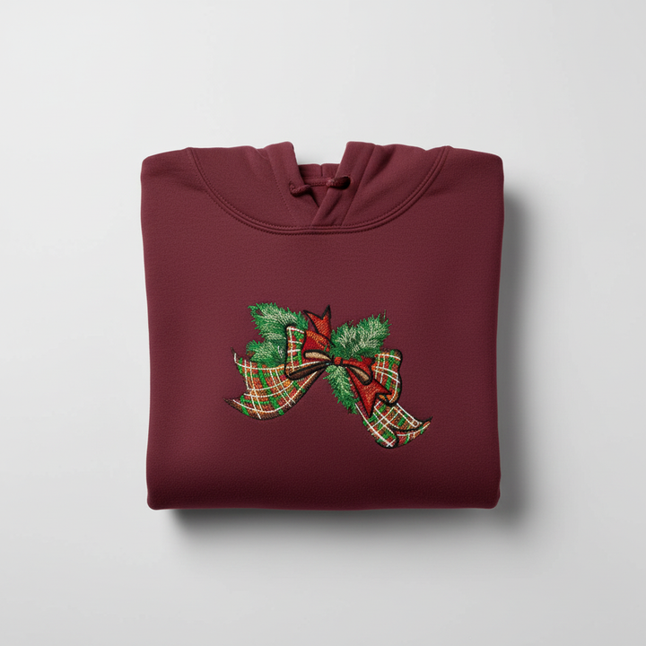 Tartan Ribbon &amp; Evergreen Bow — Premium Embroidered Collection | Hoodie • Sweatshirt • Jute Tote | Original EmbroMania Design