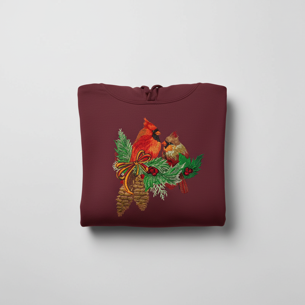 Cardinal Pair with Pinecones — Premium Embroidered Collection | Hoodie • Sweatshirt • Jute Tote | Original EmbroMania Design