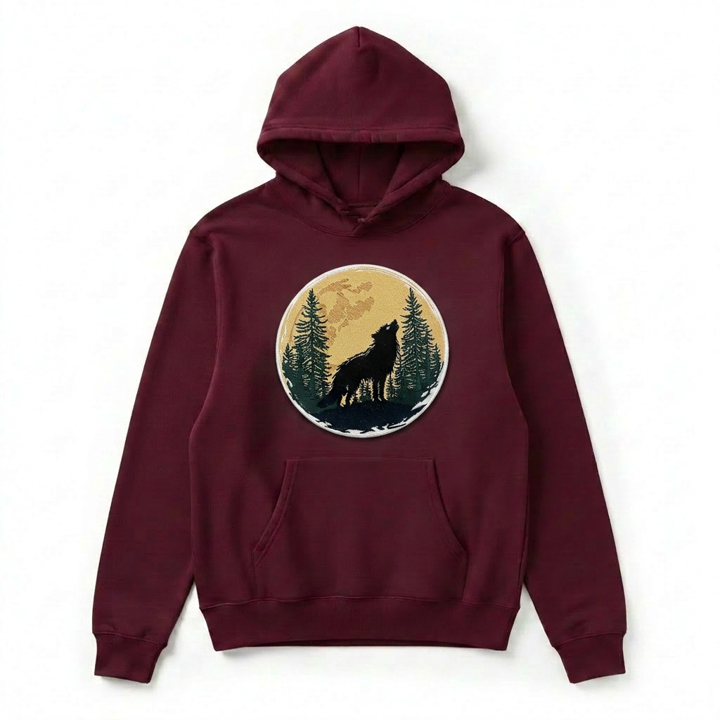 Mystic Forest Wolf Machine Embroidered Hoodie – Hand Finished in Dubai | EmbroMania