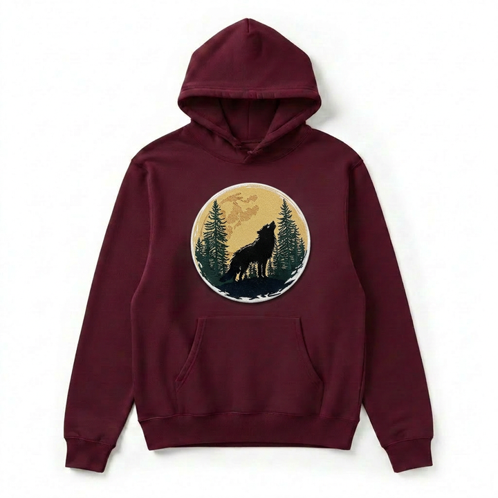 Mystic Forest Wolf Machine Embroidered Hoodie – Hand Finished in Dubai | EmbroMania