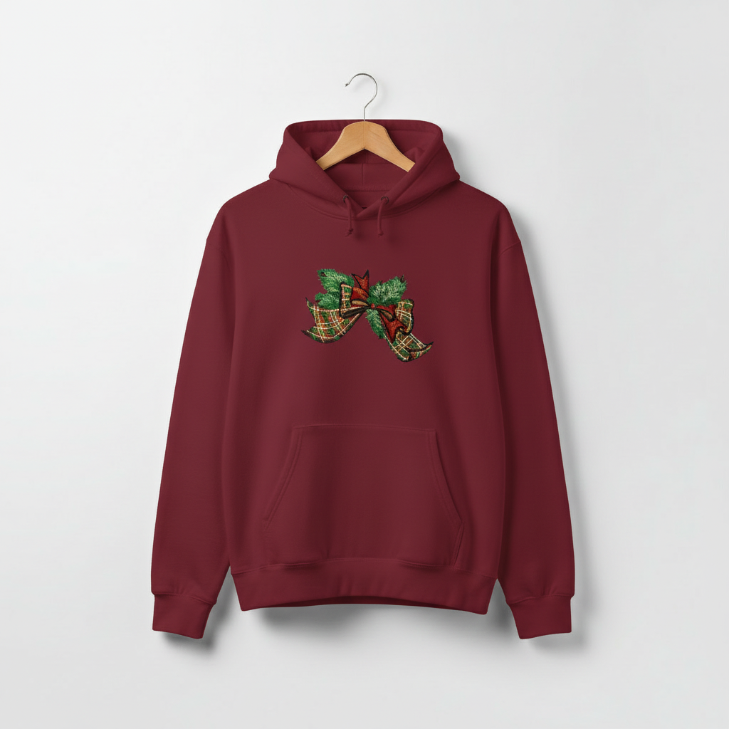 Tartan Ribbon &amp; Evergreen Bow — Premium Embroidered Collection | Hoodie • Sweatshirt • Jute Tote | Original EmbroMania Design
