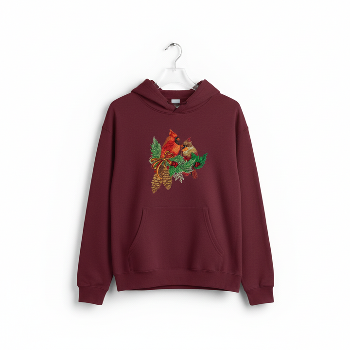 Cardinal Pair with Pinecones — Premium Embroidered Collection | Hoodie • Sweatshirt • Jute Tote | Original EmbroMania Design