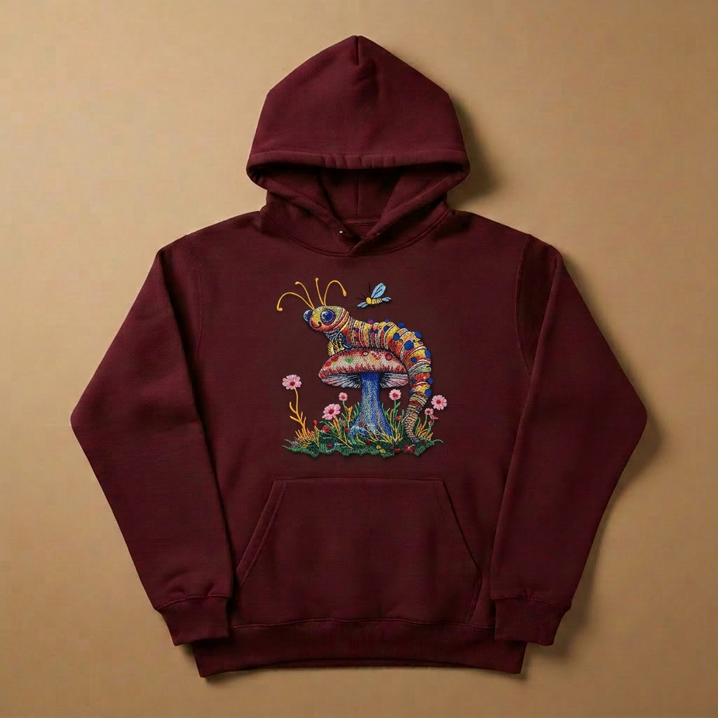 Floral Caterpillar Machine Embroidered Hoodie – Hand Finished in Dubai | EmbroMania