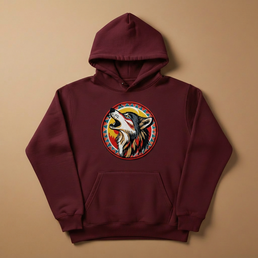 Howling Moon Wolf Machine Embroidered Hoodie – Hand Finished in Dubai | EmbroMania
