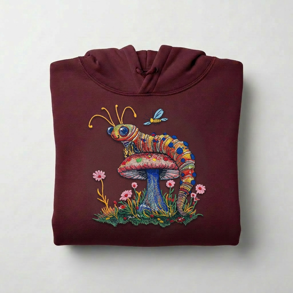 Floral Caterpillar Machine Embroidered Hoodie – Hand Finished in Dubai | EmbroMania