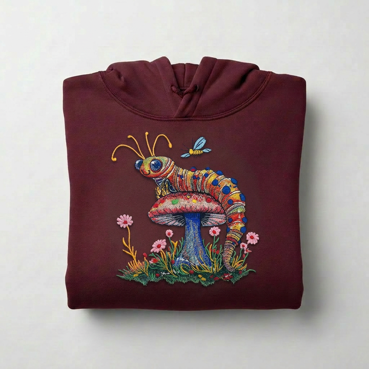 Floral Caterpillar Machine Embroidered Hoodie – Hand Finished in Dubai | EmbroMania