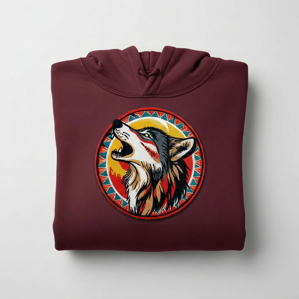 Howling Moon Wolf Machine Embroidered Hoodie – Hand Finished in Dubai | EmbroMania