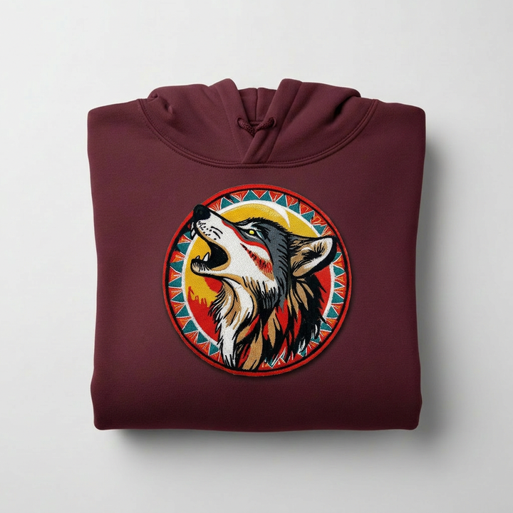 Howling Moon Wolf Machine Embroidered Hoodie – Hand Finished in Dubai | EmbroMania