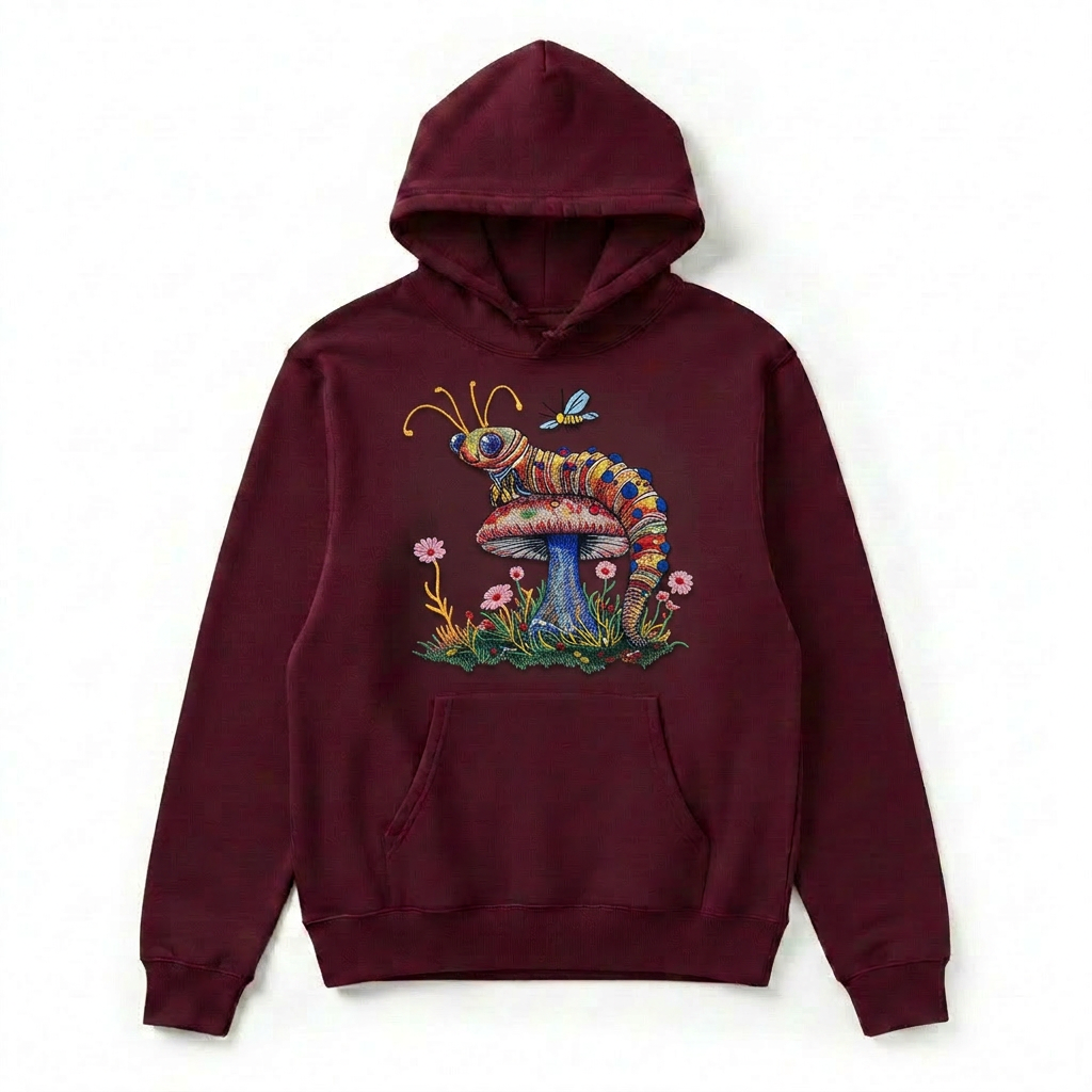 Floral Caterpillar Machine Embroidered Hoodie – Hand Finished in Dubai | EmbroMania