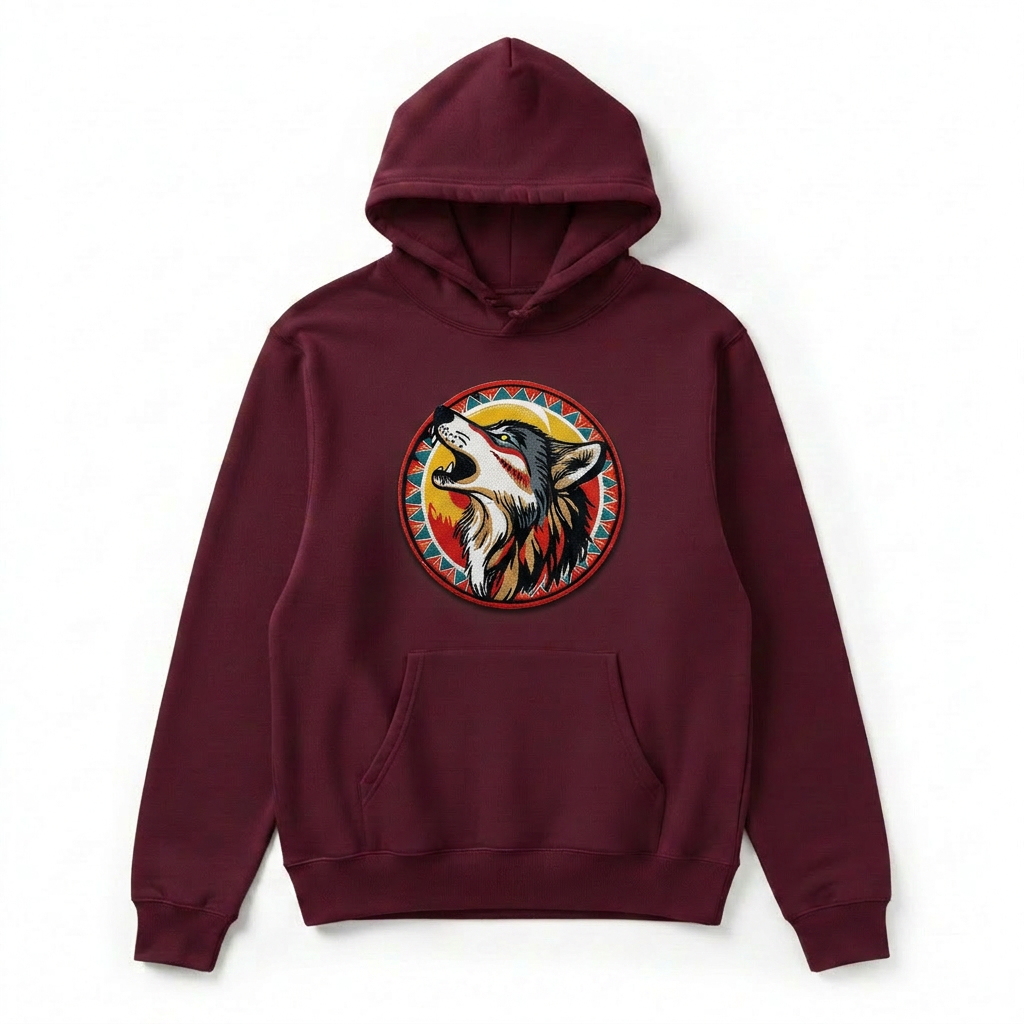 Howling Moon Wolf Machine Embroidered Hoodie – Hand Finished in Dubai | EmbroMania