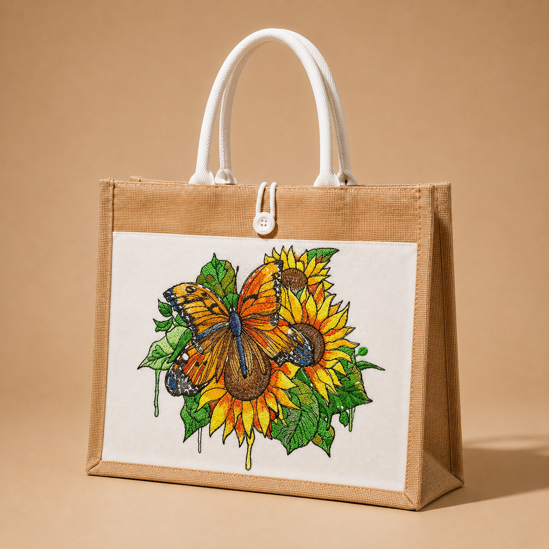 Jute bag with a butterfly and sunflower design on a beige background