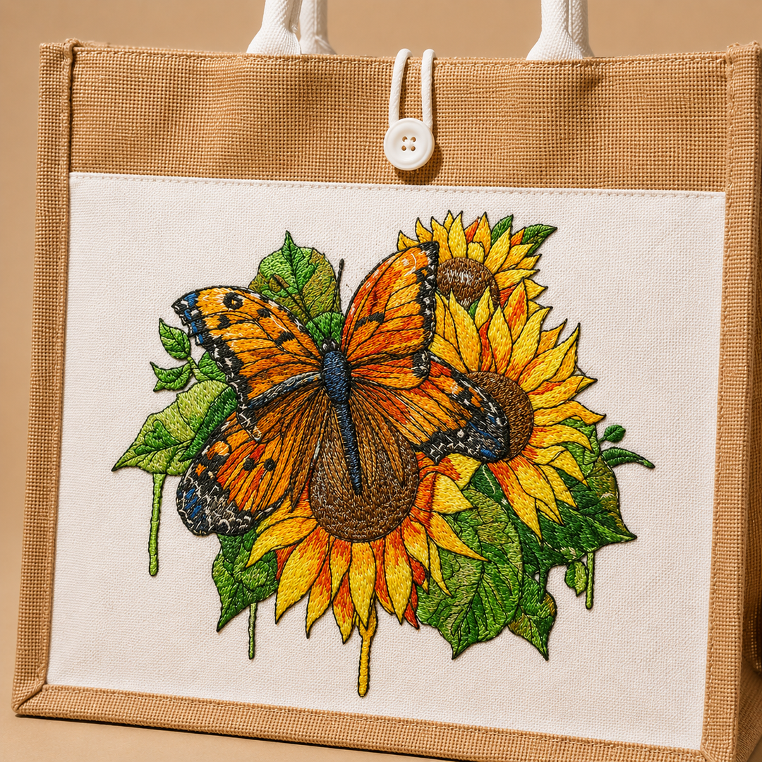 Tote bag with embroidered design of a butterfly on sunflowers and leaves.
