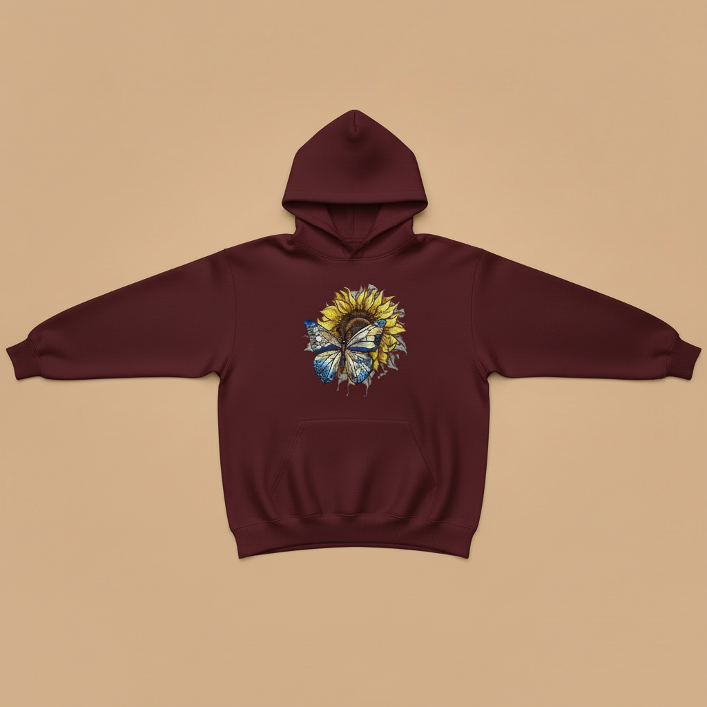 Blue Butterfly &amp; Sunflower — Premium Embroidered Hoodie | Original EmbroMania Design
