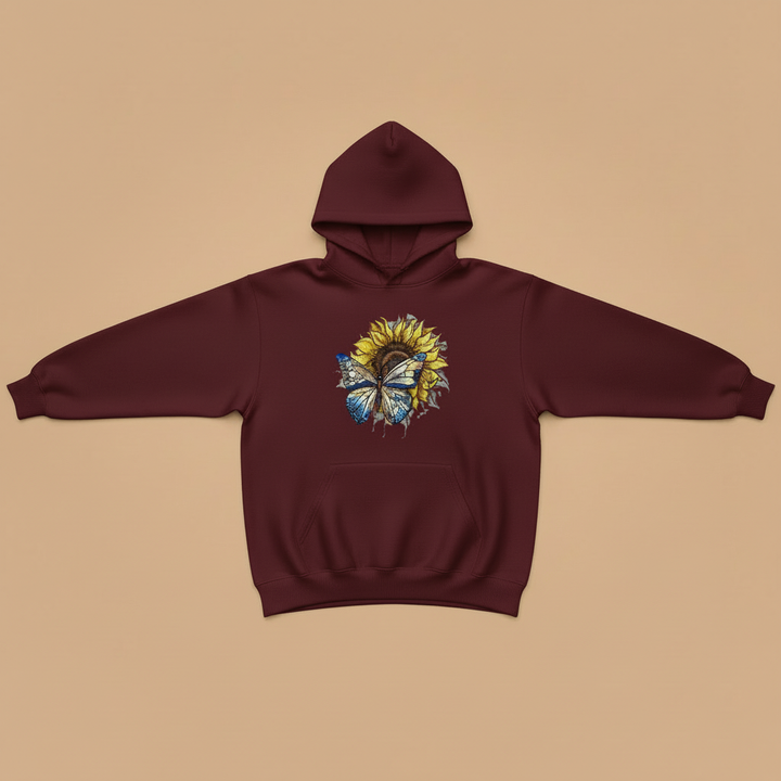 Blue Butterfly &amp; Sunflower — Premium Embroidered Hoodie | Original EmbroMania Design