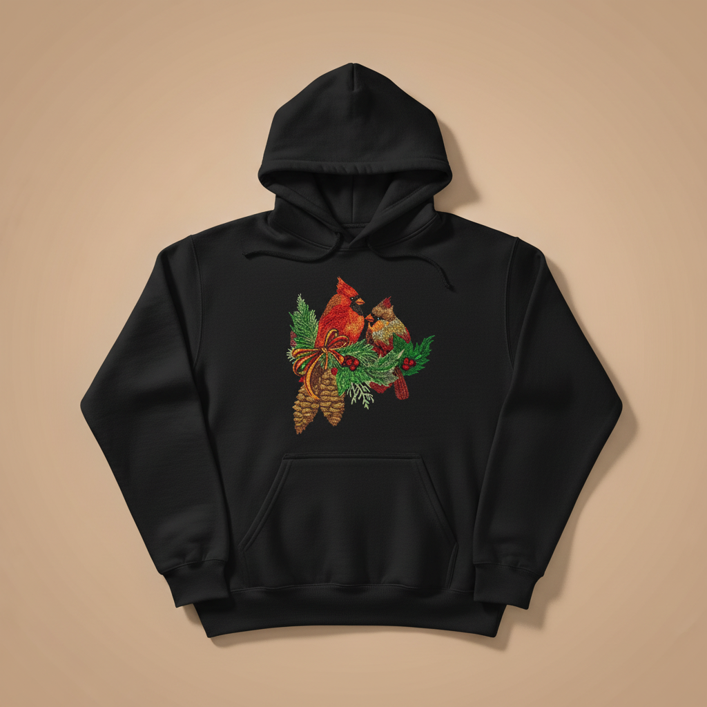 Cardinal Pair with Pinecones — Premium Embroidered Collection | Hoodie • Sweatshirt • Jute Tote | Original EmbroMania Design