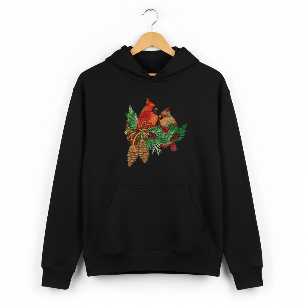 Cardinal Pair with Pinecones — Premium Embroidered Collection | Hoodie • Sweatshirt • Jute Tote | Original EmbroMania Design