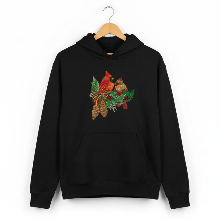 Cardinal Pair with Pinecones — Premium Embroidered Collection | Hoodie • Sweatshirt • Jute Tote | Original EmbroMania Design