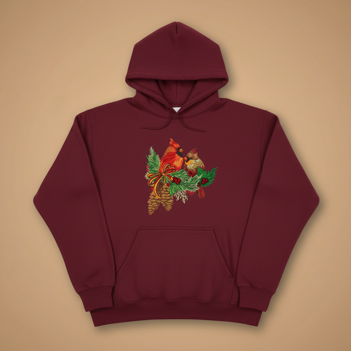 Cardinal Pair with Pinecones — Premium Embroidered Collection | Hoodie • Sweatshirt • Jute Tote | Original EmbroMania Design