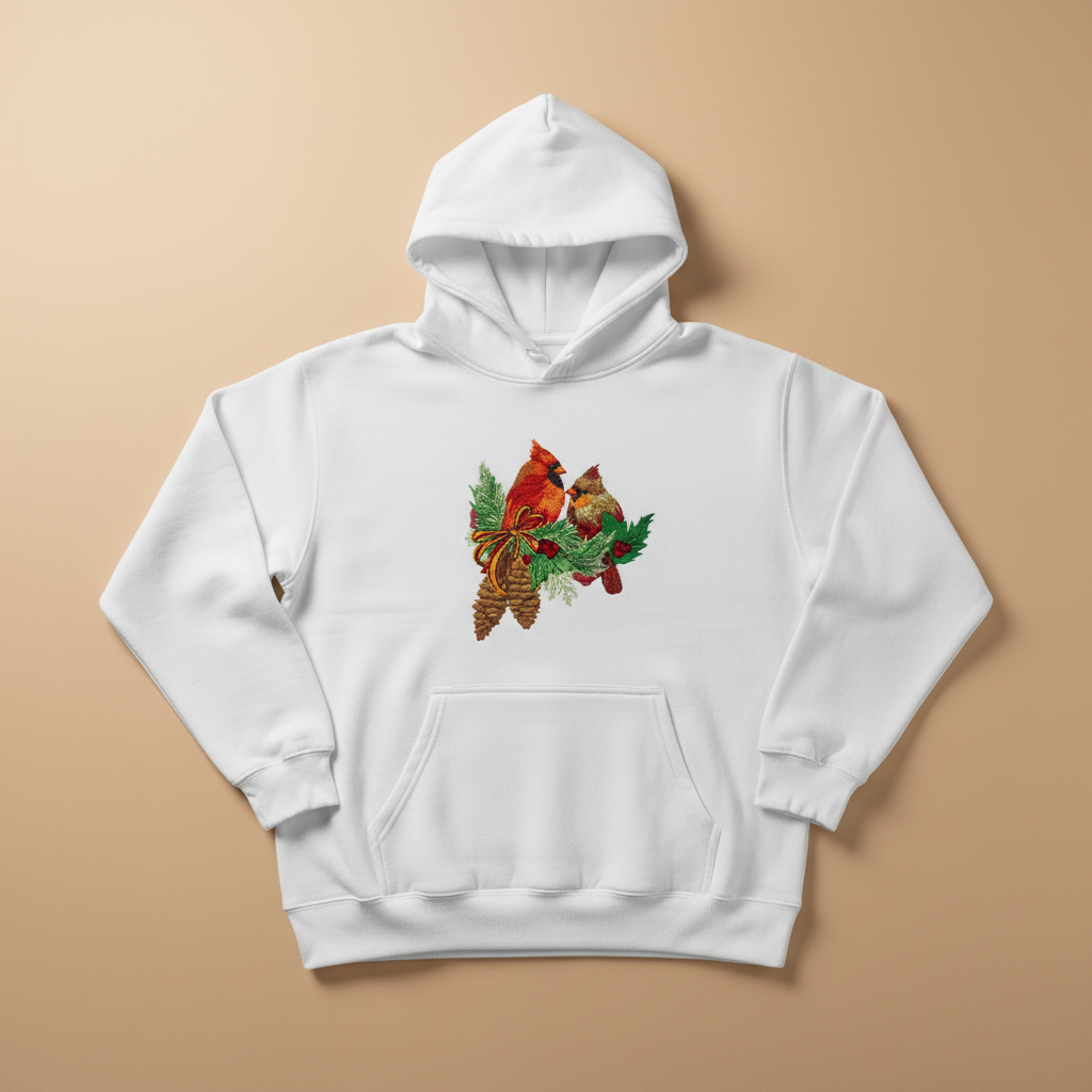Cardinal Pair with Pinecones — Premium Embroidered Collection | Hoodie • Sweatshirt • Jute Tote | Original EmbroMania Design