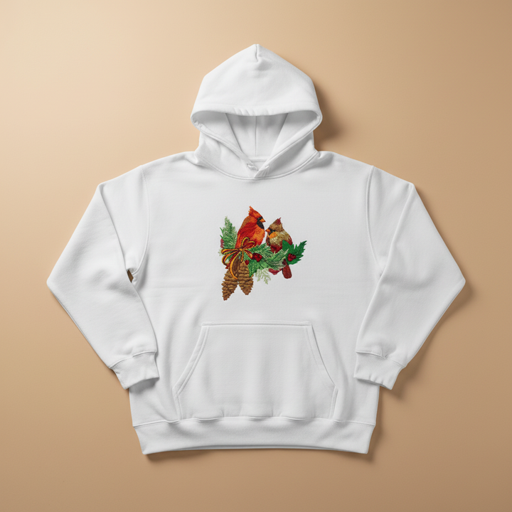 Cardinal Pair with Pinecones — Premium Embroidered Collection | Hoodie • Sweatshirt • Jute Tote | Original EmbroMania Design