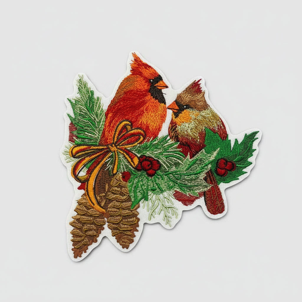 Close-up of embroidered pair of red cardinals perched among pine branches, holly, pinecones, and a gold bow on white fabric.