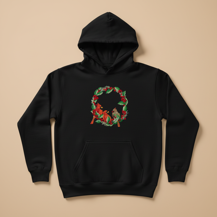 Cardinal Wreath — Premium Embroidered Collection | Hoodie • Sweatshirt • Jute Tote | Original EmbroMania Design