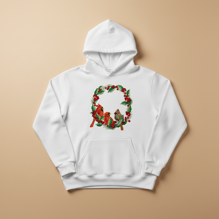 Cardinal Wreath — Premium Embroidered Collection | Hoodie • Sweatshirt • Jute Tote | Original EmbroMania Design