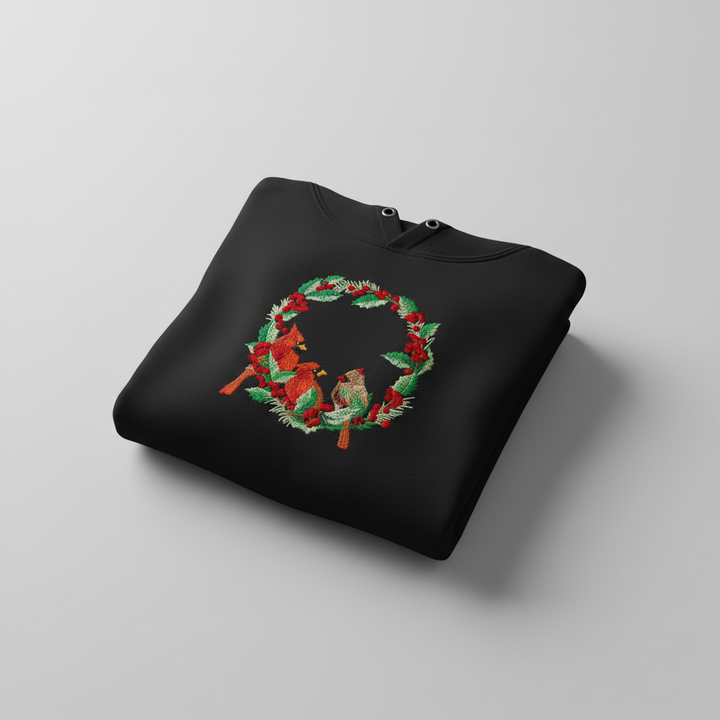 Cardinal Wreath — Premium Embroidered Collection | Hoodie • Sweatshirt • Jute Tote | Original EmbroMania Design